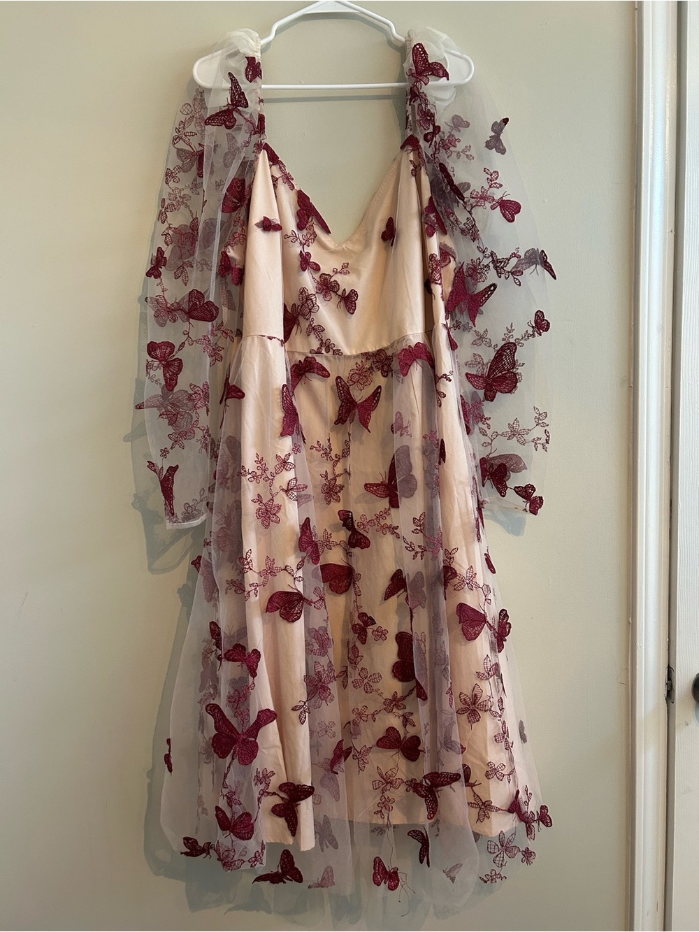 SHEIN Pink Tulle Dress with Burgundy Butterfly Appliqués